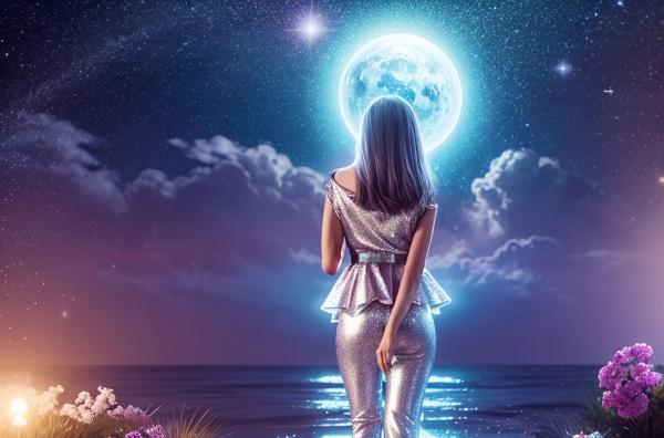 満月を眺める女性の後ろ姿　壁紙・画像