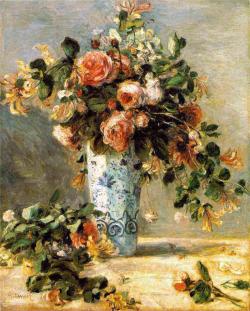 ピエール オーギュスト ルノワール デルフト焼きの花瓶のバラとジャスミン 壁紙 画像 エムズライファー